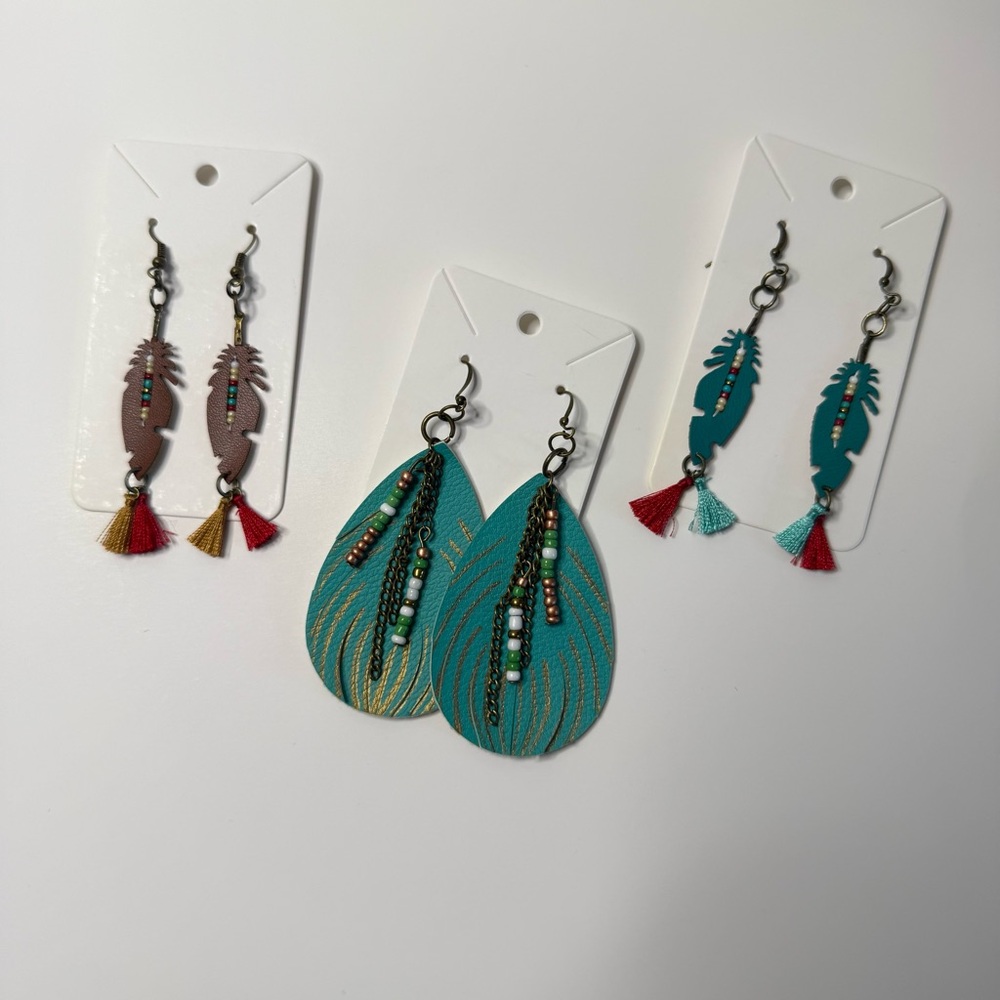 Teal and Brown Feather Earrings Set